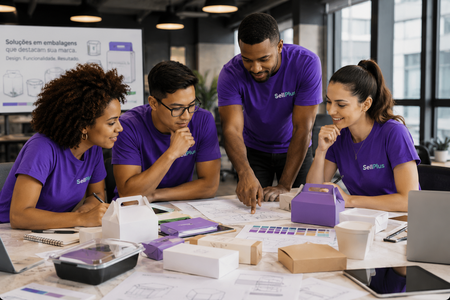 Equipe SellPlus desenvolvendo projeto de embalagem personalizada